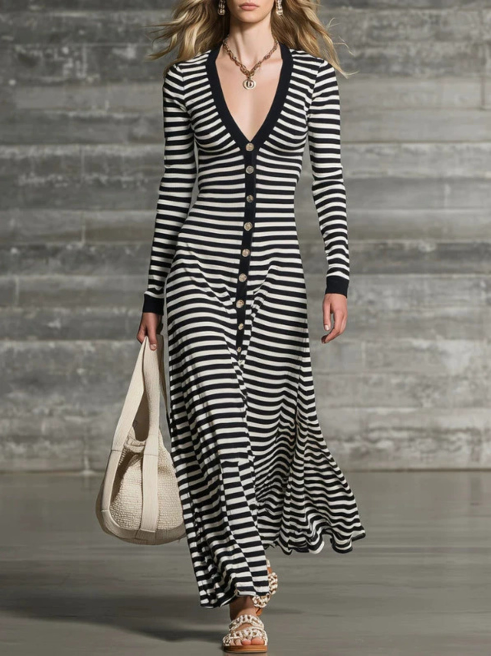 H&M  Stylish Retro Black and White Striped Long Sleeve Dress